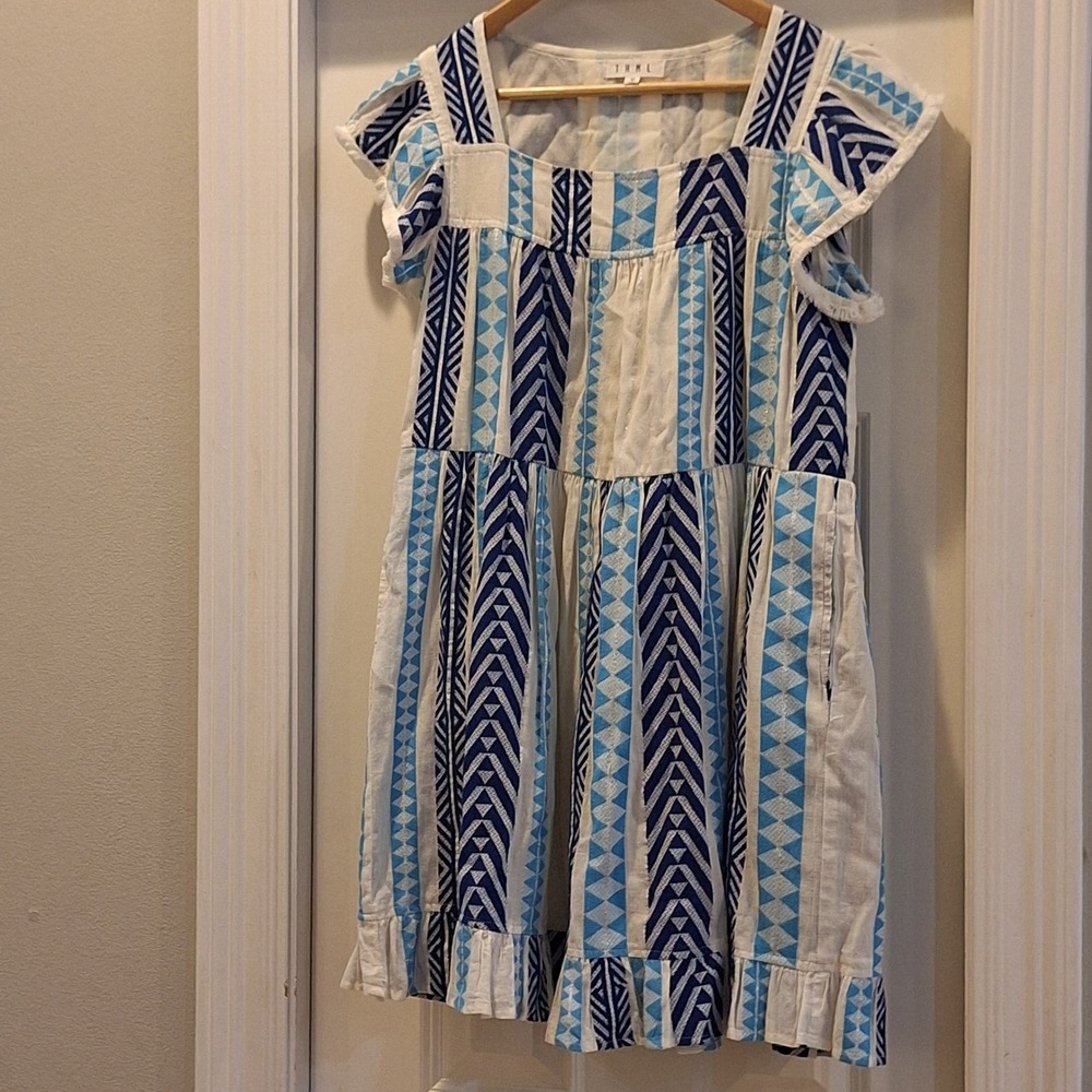 THML Geometric Print Babydoll Dress Sz XS Blue White Boho Mini‎ Spring Party